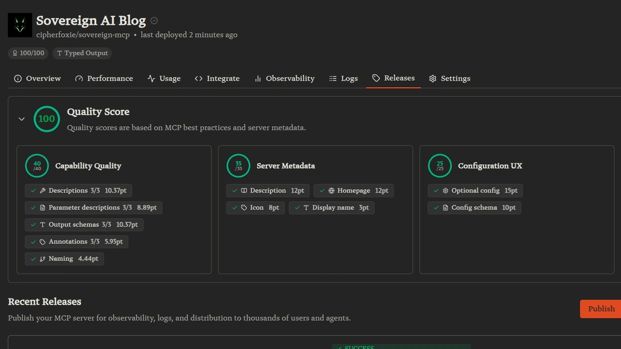 Built a self-hosted MCP, mirrored it to GitHub, listed it on Smithery, hit a perfect quality score before dinner. The exact patches, badges, and pitfalls. Plus an honest take on why a number on a dashboard is not a customer.