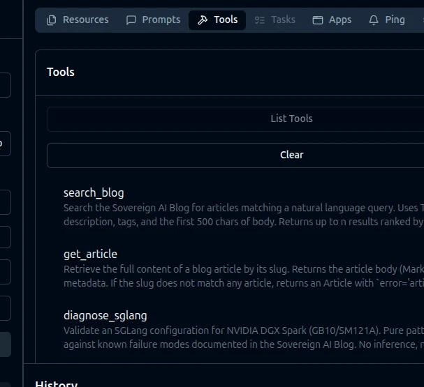 MCP Inspector tools list with three tools and full descriptions