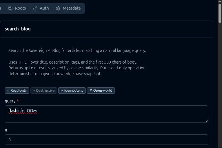 search_blog tool with annotation badges and parameter descriptions