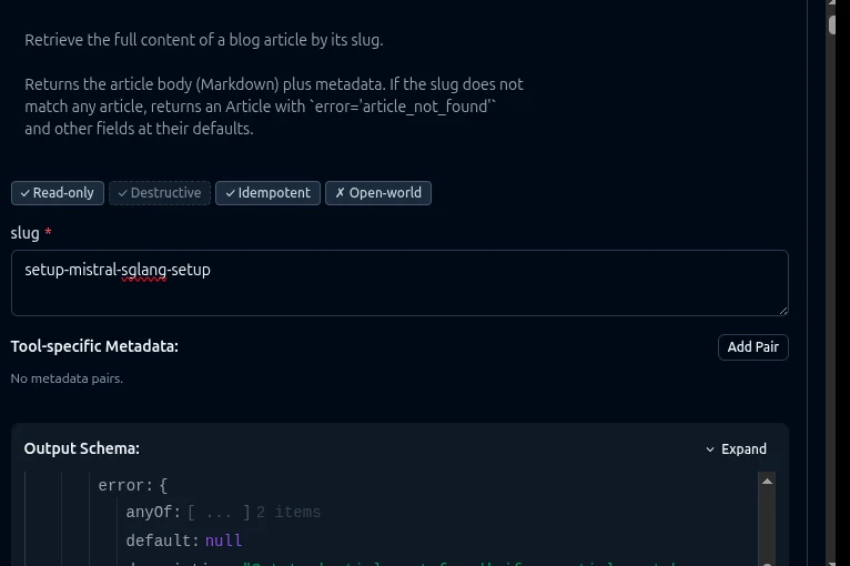get_article tool showing rendered output schema in JSON Schema syntax