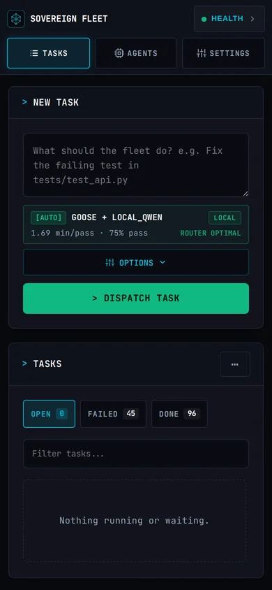 Sovereign Fleet mobile PWA dashboard on 390px viewport